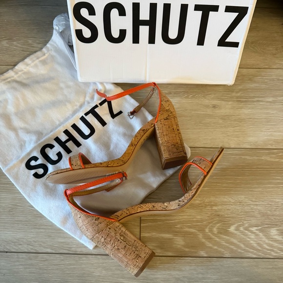 NEW SCHUTZ Cadey Lee Block Casual High Heel Orange Cork Shoes Sandal Strappy 7 - Picture 5 of 12